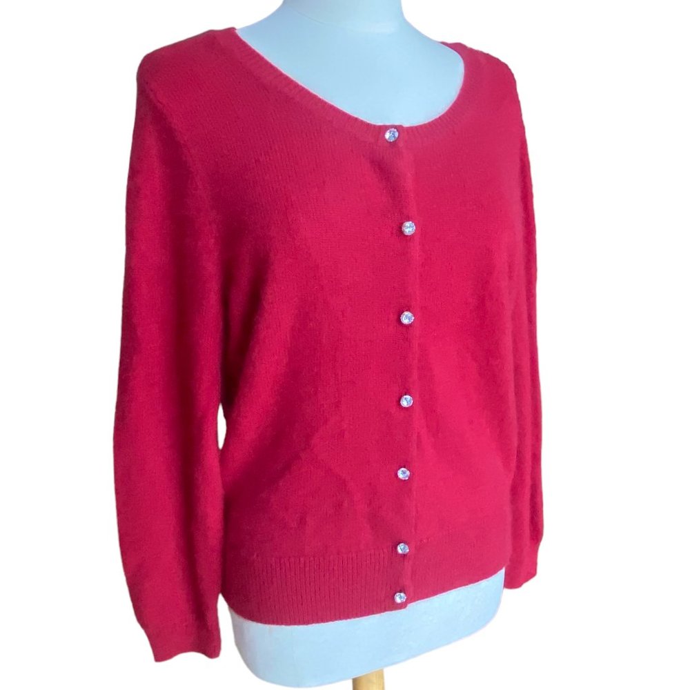 Angora Blend Old Money Cardigan Red Gem Buttons Heritage Quiet Luxury Holiday-XL